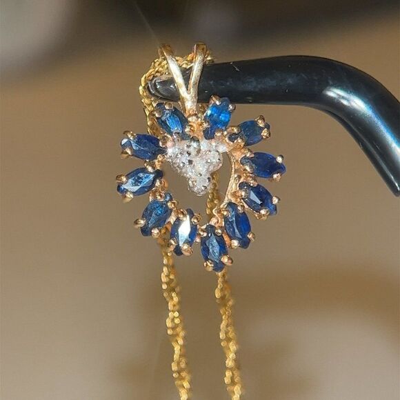 14k Blue Sapphire/Diamond Heart Necklace - Picture 4 of 15